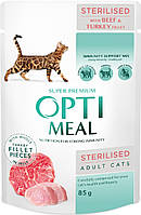 Optimeal Adult Cat Sterilised с говядиной и индюшиным филе в желе, 12 шт