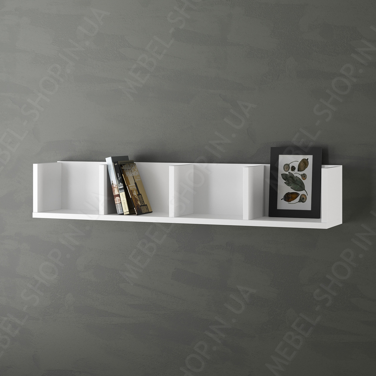 Полиця настінна пряма з 4 осередками під книги та декор Навісні полиці для вітальні Полиця підвісна з ДСП, фото 1