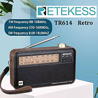 Радиоприемник RETEKESS TR614, FM/MW/SW, ретро стиль, 3,5 мм разъем для наушников, зарядка USB, 18650 батарея