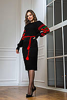 Женское тёплое платье Любава чёрное с красной вышивкой в этно стиле шерстяное ниже колена размер 46-52