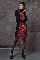 Женское теплое платье чёрное с вишневой вышивкой спереди Ольга шерстяное по фигуре с горловиной размеры 44-52