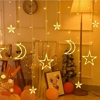 Новогодняя гирлянда для дома, Гирлянда штора, белый месяц со звездой месяц-5, звезда-4 теплый 3M * 0.7M