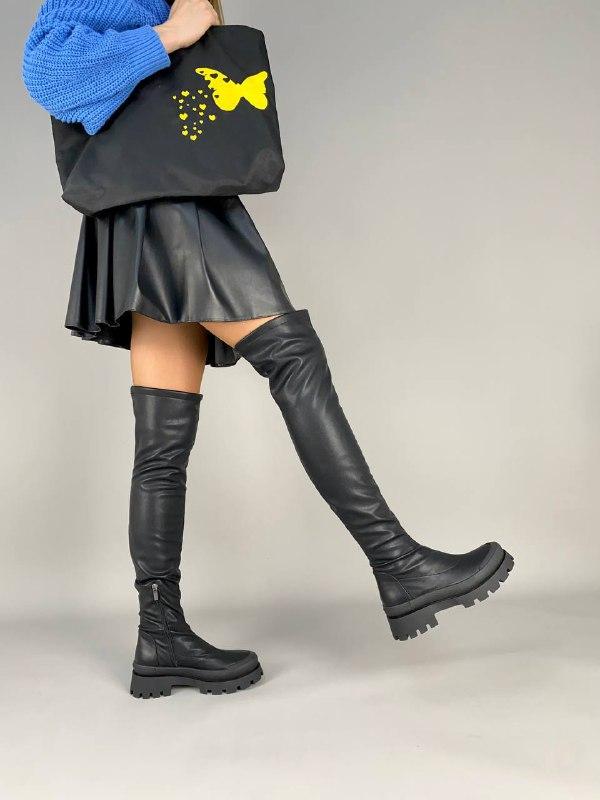 Жіночі зимові чоботи-панчохи ShoesBand Чорні натуральна стрейч-шкіра всередині напіввовна 39 (25,5 см) (Ѕ99491е)