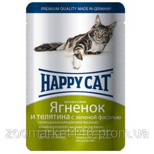 Happy Cat (Хеппі Кет), вологий корм для дорослих котів, ягня+телятина+зелена квасоля, 100 г