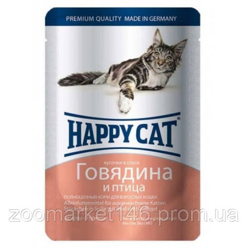 Happy Cat (Хеппі Кет), вологий корм для дорослих котів, яловичина+птиця, 100 г
