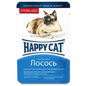 Happy Cat (Хеппі Кет) Sterilised Salmon - вологий корм із лососем для стерилізованих котів (шматочки в желе), 100 г