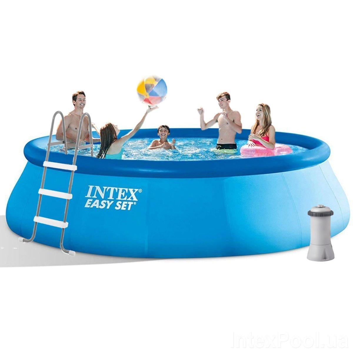 Басейн безкаркасний надувний (457 х 107 см, 12430 л, сходи, фільтр, тент, підстилка) Intex 26166 Синій