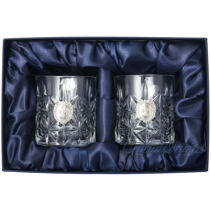Подарунковий набір для віскі з 2 кришталевих келихів з накладками з міді та срібла "Козак Мамай", фото 1