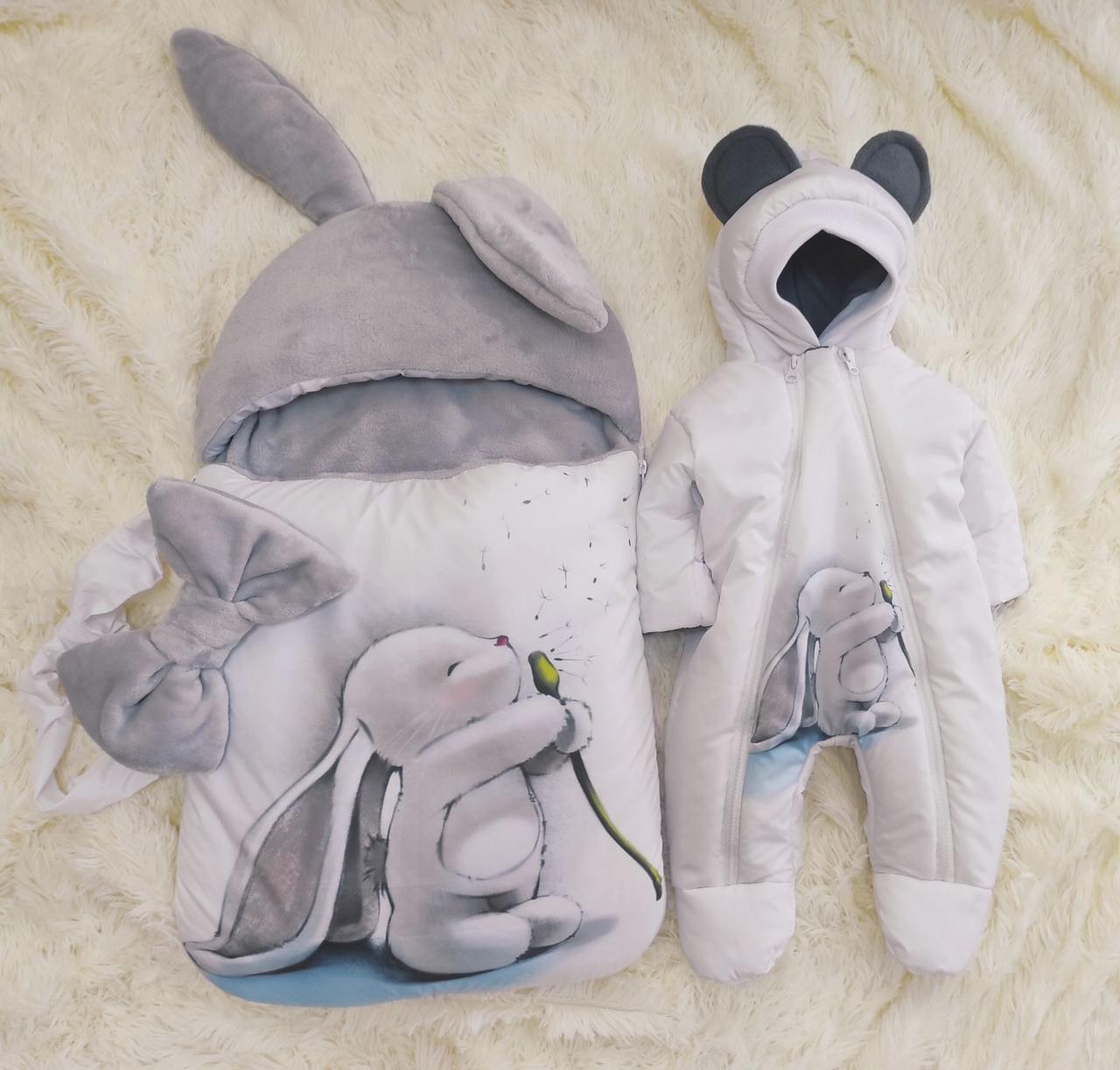 Зимовий комбінезон + конверт спальник "Зайчик" для новонароджених, білий з сірим, фото 1