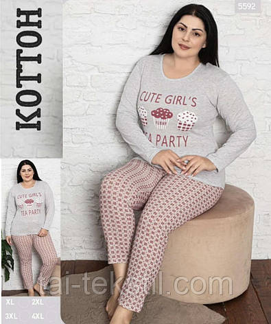Піжама жіноча футболка з рукавом і брюки коттон 100% (БАТАЛ 1XL-2XL-4XL) Туреччина 8725, фото 2