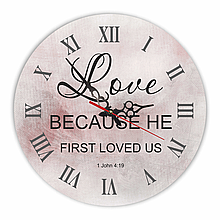 Настінний дерев'яний круглий годинник 30 см "Love because he first loved us"