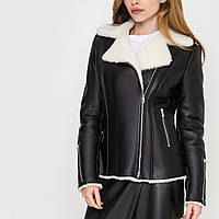 Короткая дубленка косуха VK черная с белым мехом (Арт. PLAT2-1122)