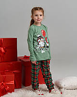 Пижама на девочку c брюками в клетку новогодние пингвины Рождественское настроение Nicoletta Family look 95174