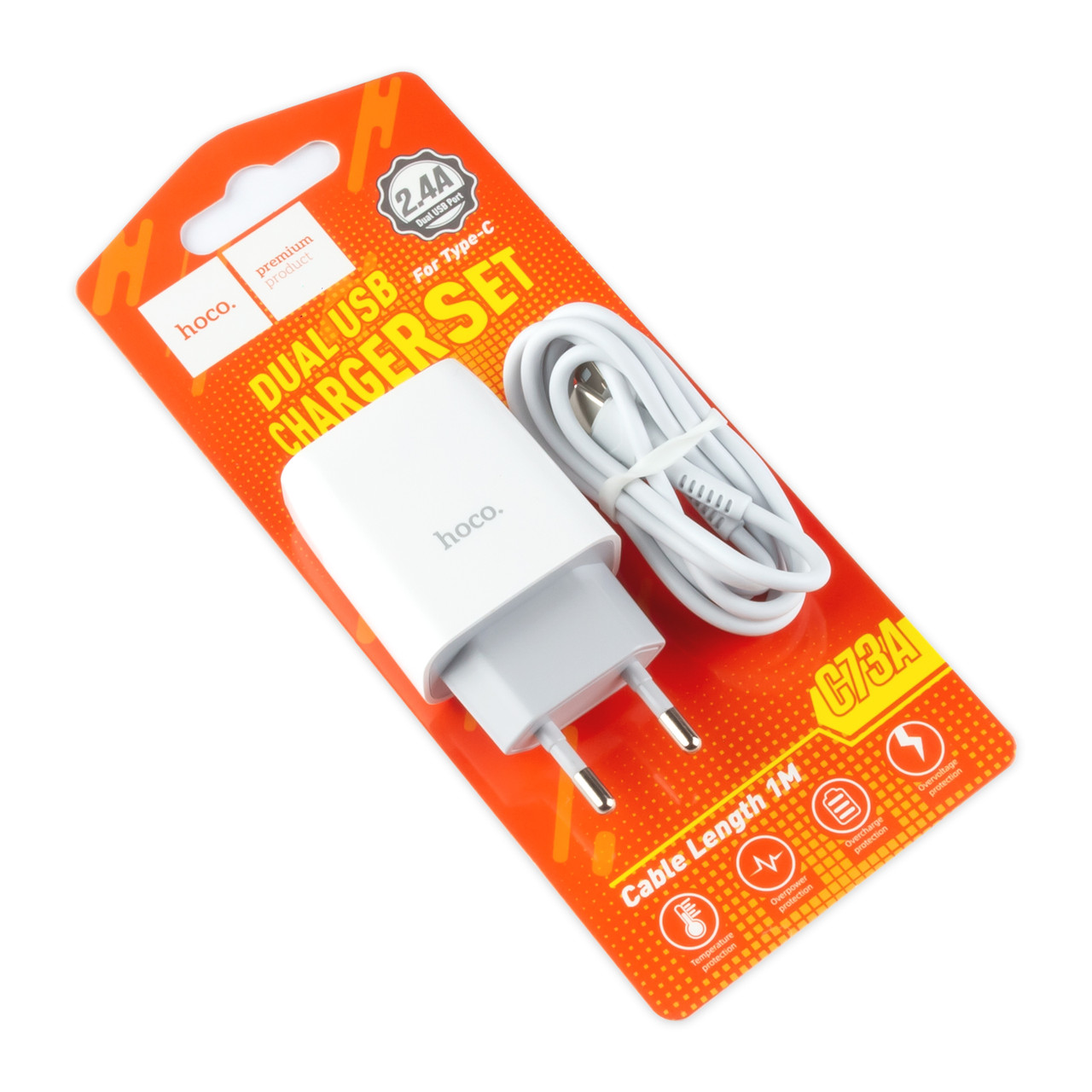Зарядний пристрій HOCO C73A 2 х USB, з кабелем Type-C 2.4 А білий
