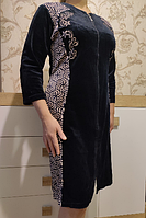 Молодежный халат женский теплый синий велюровый с вышивкой, Турция, раз.54(XL).
