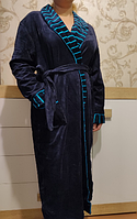 Роскошный халат велюровый длинный сине-бирюзовый домашний для полных женщин, Турция, раз. 64 (8XL)