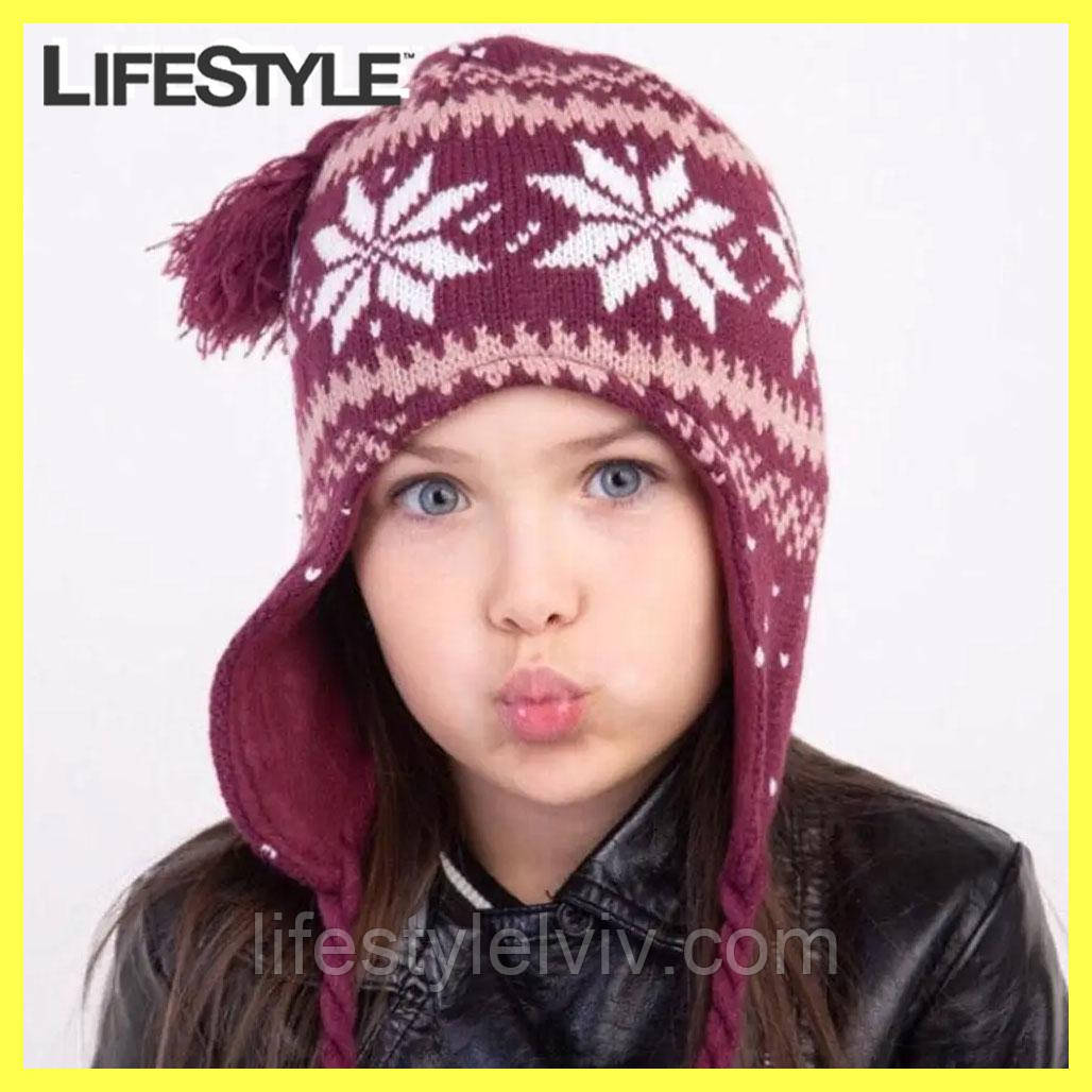 Дитяча шапка зимова (5 -10 років) бордова / В'язана дитяча шапка вушанка Унісекс, фото 1