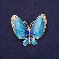 Брошка Метелик білі стрази емаль колір блакитний 36х42мм жовтий метал