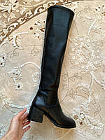 Стильные женские зимние кожаные ботфорты чулки на среднем каблуке