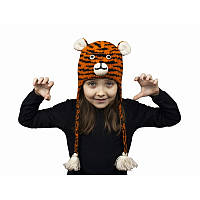 Детская вязаная шерстяная шапка тигр с ушками на завязках