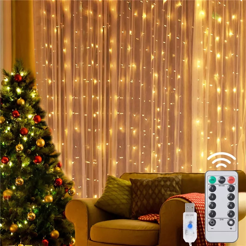 Гірлянда штора/водопад USB 3*3м З00 LED тепле світло з пультом дистанційного керування ЮСБ
