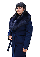 Зимнее женское пальто из ворсовой ткани с песцом синее Ricco Столица