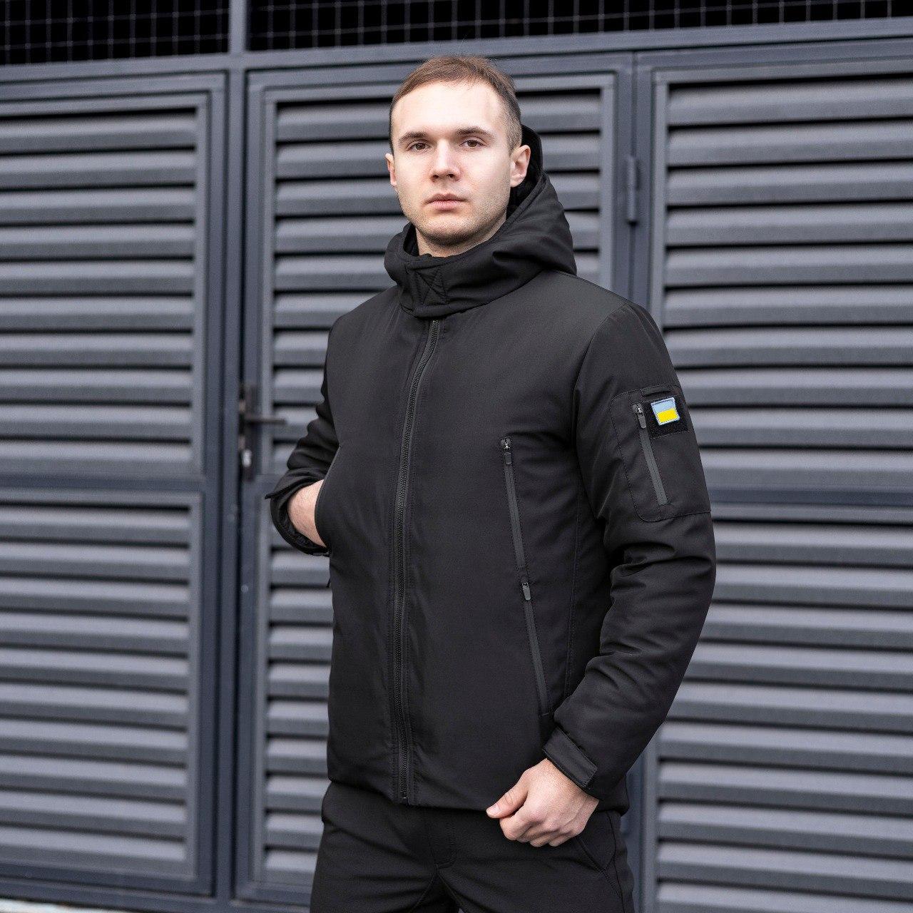 Чоловіча зимова тактична куртка чорна Winter Jacket з плащової тканини до -20 °C із шевроном