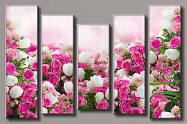 Модульна картина на полотні з 5 частин "Рози з тюльпанами"