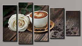 Модульна картина на полотні з 5 частин "Кава з трояндою"