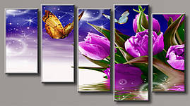 Модульна картина на полотні з 5 частин "Метелики на тюльпанах"