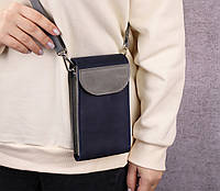 Жіноча сумочка через плече з натуральної шкіри для телефону/ Шкіряний кросбоді клатч гаманець/ Синій+Сірий