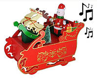 Музыкальная игрушка новогодняя Дед мороз на санках деревянная