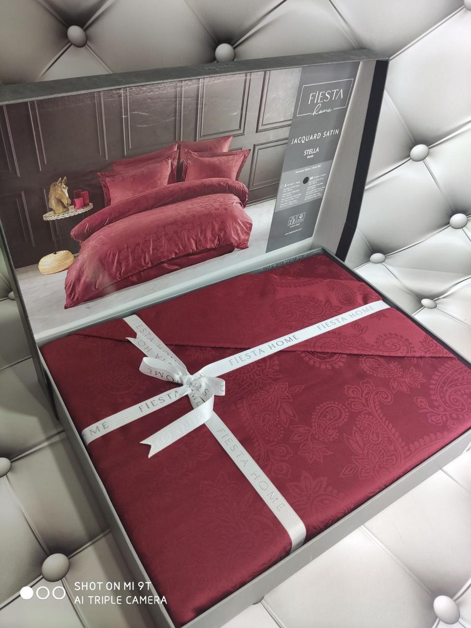 Набір постільної білизни сатин жаккард Fiesta євро розмір бордовий, фото 1