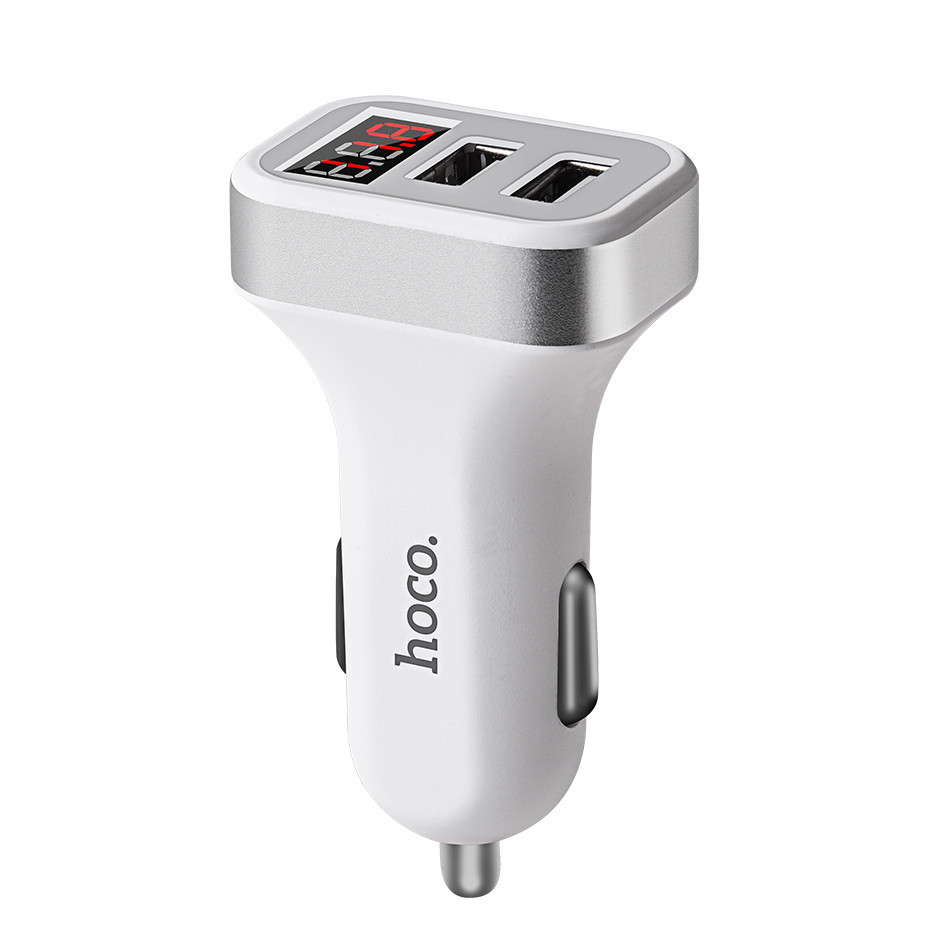 Зарядний пристрій автомобільний HOCO Z3 на 2 USB з дисплеєм, біле