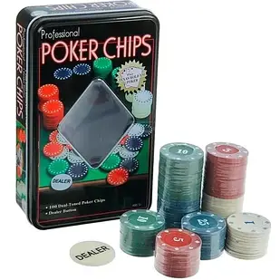 Набір фішок для покеру, 100шт фішки з номіналом в метал коробці