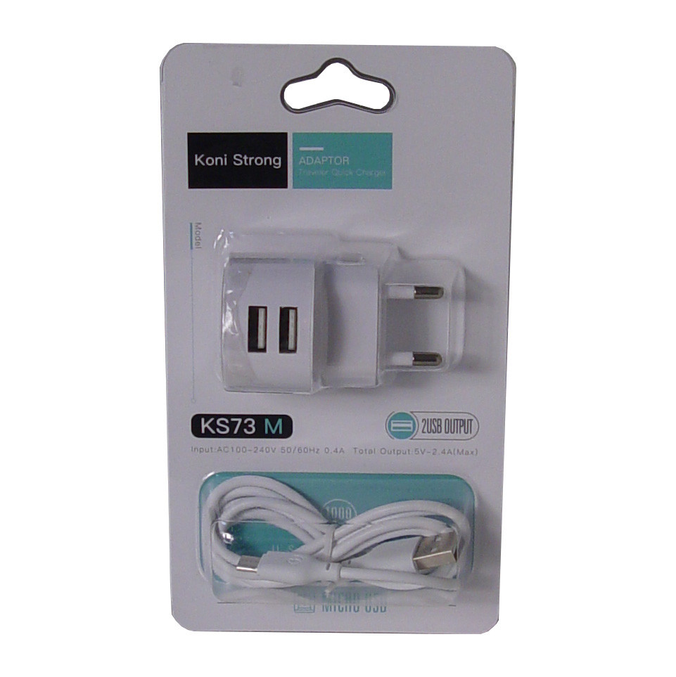 Адаптер мережевий KONI Strong з кабелем Micro USB KS73M, білий, фото 1