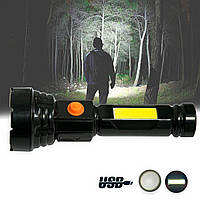 Ручний ліхтар акумуляторний з COB "Panther PT-8916B" Чорний, ліхтарик світлодіодний переносний (фонарик)