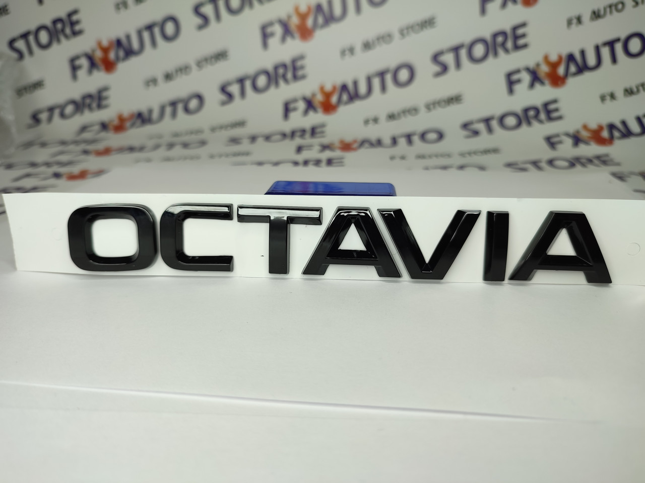 Емблема Логотип шильдик OCTAVIA Skoda Шкода Чорна глянцева 180х22 мм, фото 1