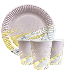 Набір посуду для свята рожевий із золотом, на 10 осіб