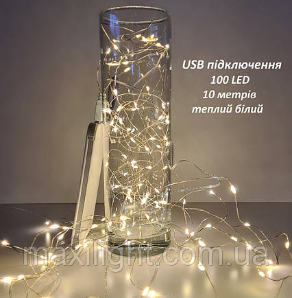 USB світлодіодна гірлянда "РОСА" DC 5V 10 метрів 100 LED теплий білий 3500K, фото 1