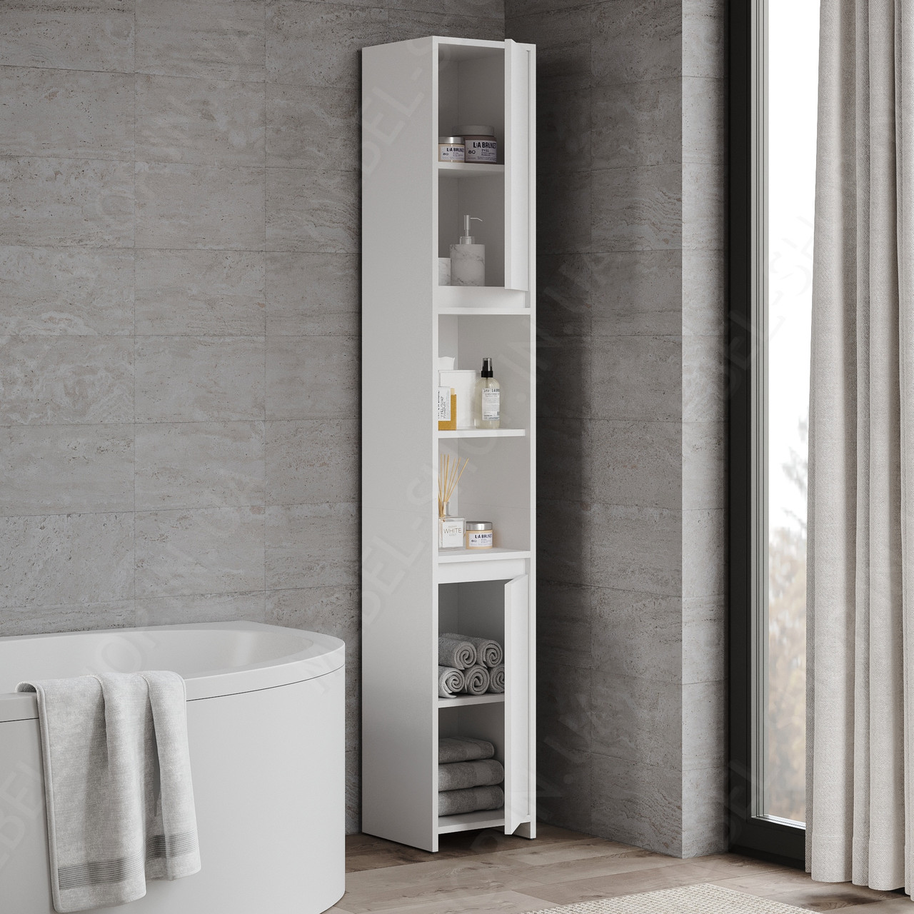 Пенал з фасадами без ручок з Ламінованого ДСП Шафка у ванну 30 см Шафа-пенал вузький на 6 комірок двохдверний, фото 1