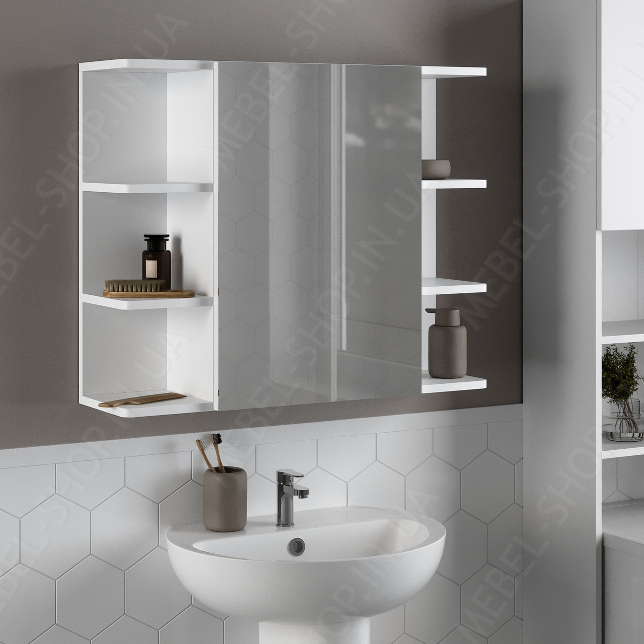 Дзеркало з полицею для ванної кімнати з ДСП Шафка навісна з дзеркалом у ванну 80 см шириною, фото 1