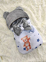 Спальник конверт для новорожденных, серый, принт Мишка с шариками