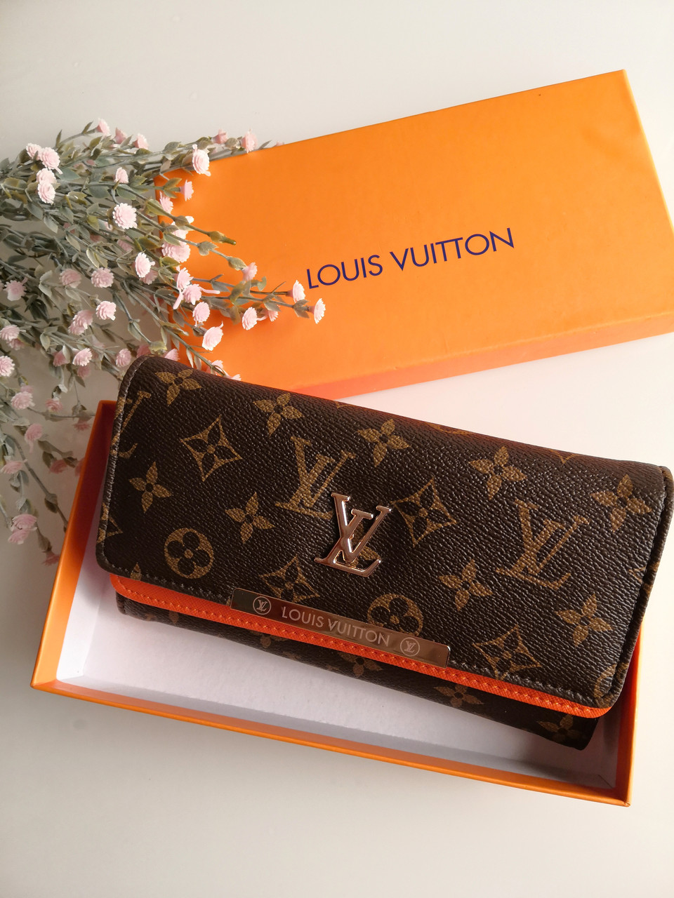 Жіночий гаманець Louis Vuitton коричневий + жовтогарячий великий Луї Віттон, фото 1