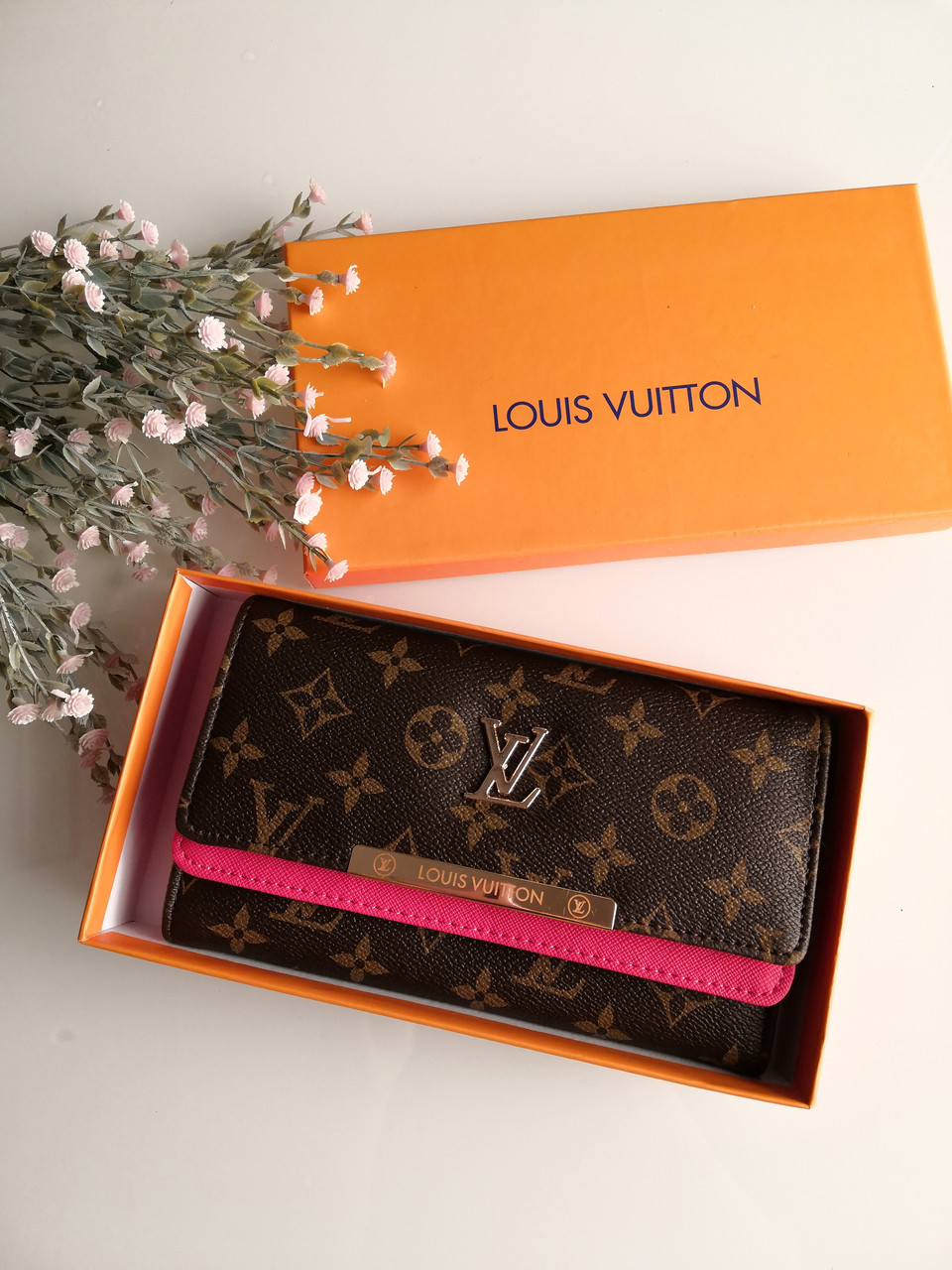 Жіночий гаманець Louis Vuitton коричневий + малиновий великий Луї Віттон
