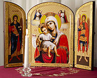 Складень большой подарочный с декором: икона Божией Матери "Достойно есть", Архангелы Михаил и Гавриил