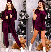Домашній комплект підлітковий 5 в 1 Бордовий 134-158 р. Піжама та халат для підлітка Велюровий комплект