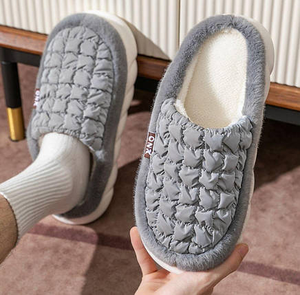 Тапочки СЕРЫЕ теплые меховые без задника стеганые зимние шлепанцы GREY унисекс 40-45 рр, фото 1