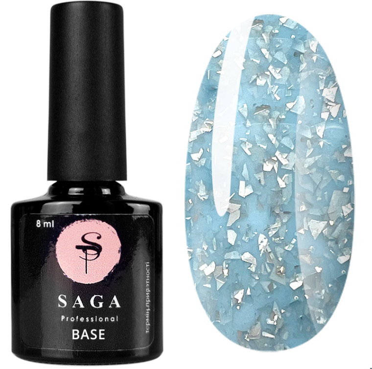 База кольорова Saga Professional Leaf Base 001, блакитний зі срібними пластівцями поталі, 8 мл