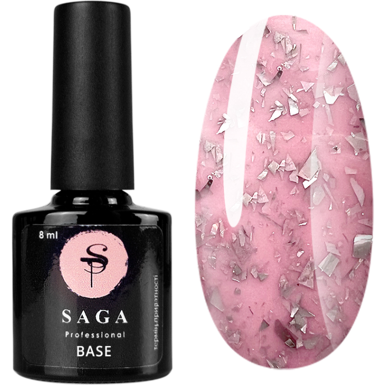 База кольорова Saga Professional Leaf Base 003, рожева зі срібними пластівцями поталі, 8 мл